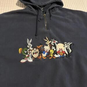 Vintage Warner Bros Studio Store Embroidered Looney Tunes Quarter Zip Hoodie L